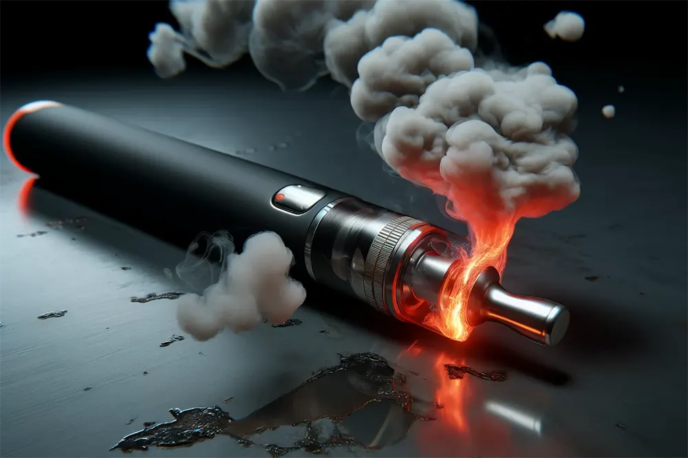 a vape pen overheating with visible smoke and a red-hot atomizer coil