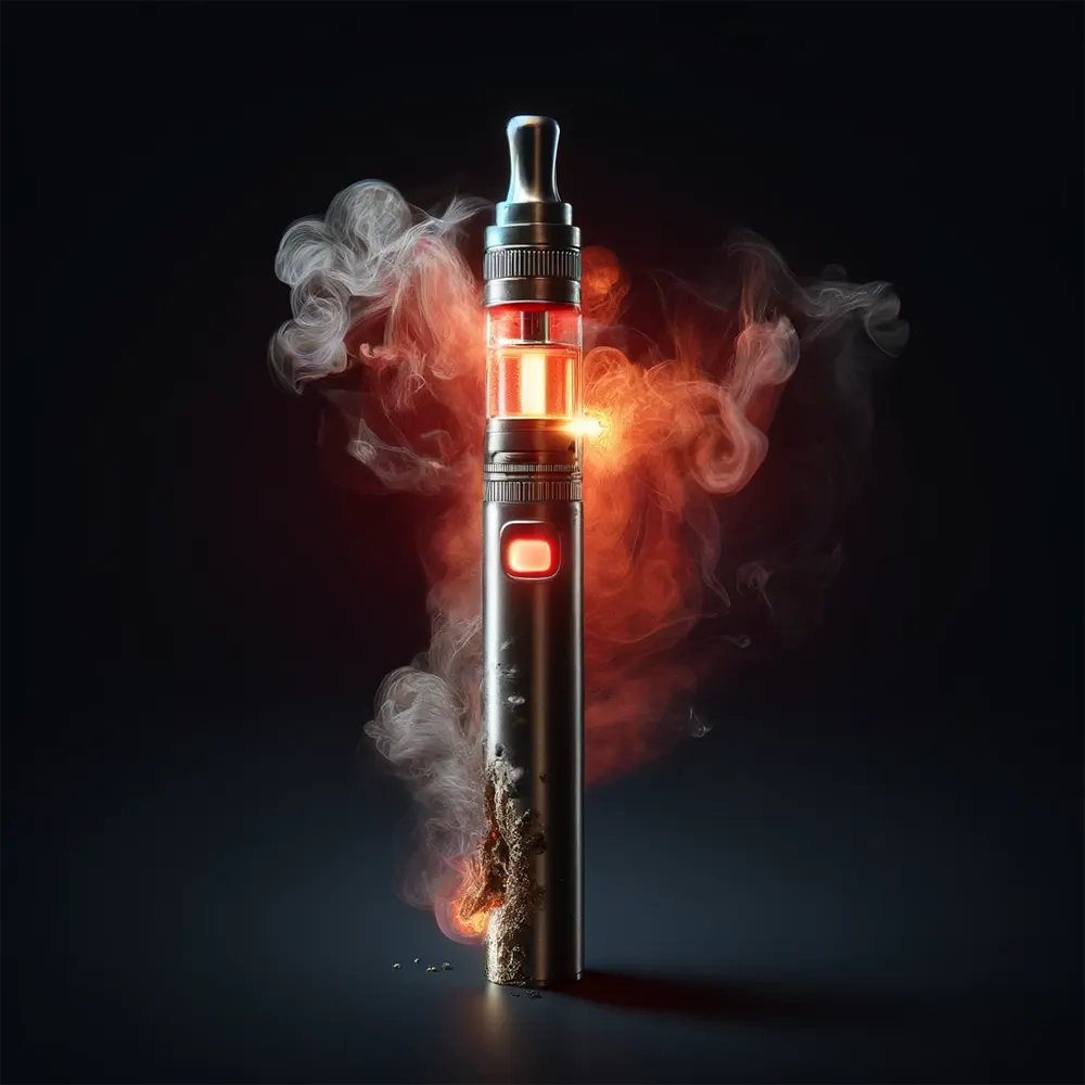 a vape pen overheating with visible smoke and a glowing red atomizer