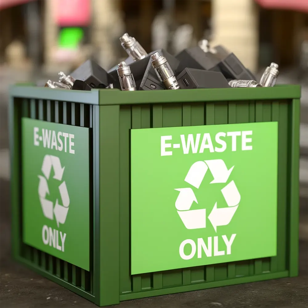 a recycling bin labeled 'E-Waste Only' with discarded disposable vapes