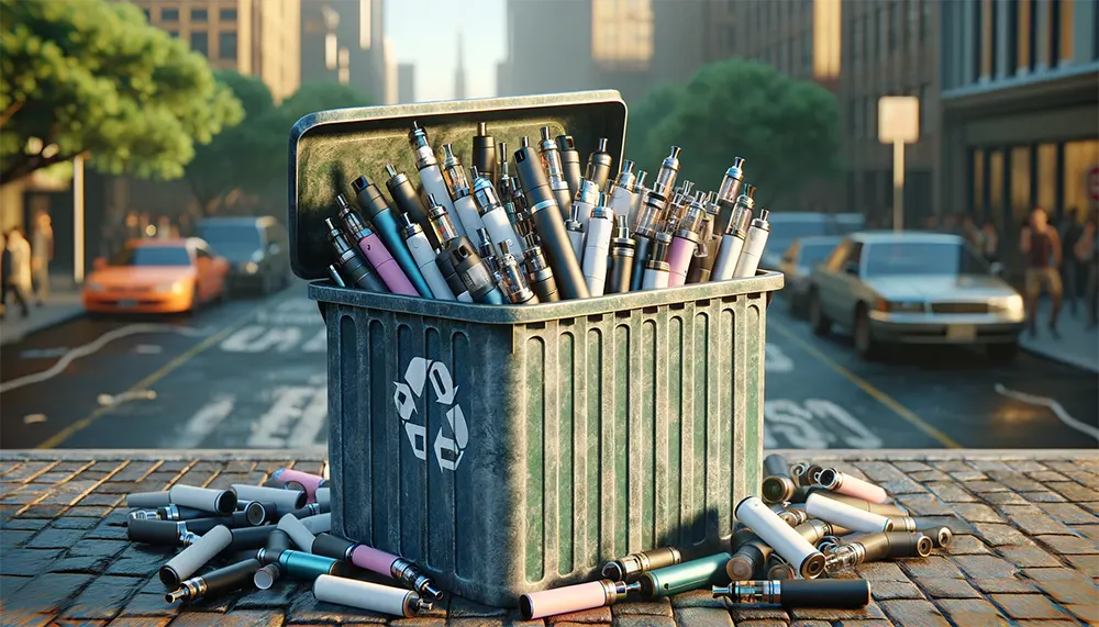 electronic waste recycling bin filled with used disposable vapes