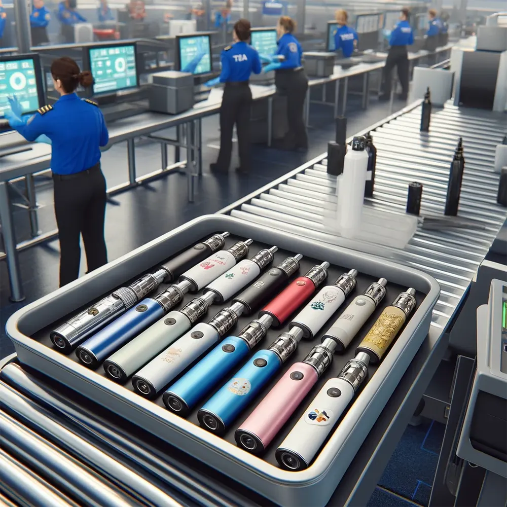 an airport security checkpoint focusing on the inspection of disposable vapes
