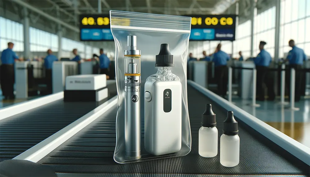 a disposable vape and a clear, quart-sized bag on airport security checkpoint