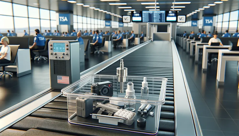 airport security checkpoint with a clear bin on a conveyor belt containing disposable vapes