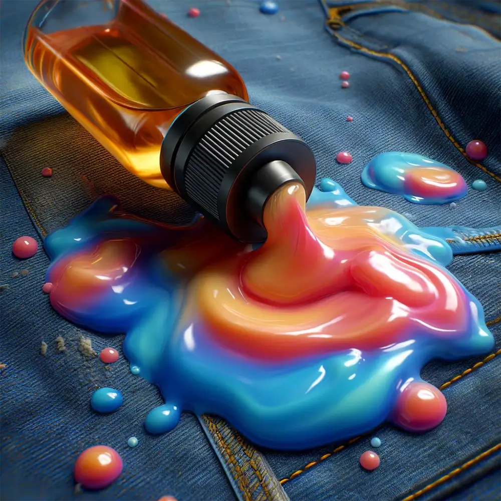 a spilled bottle of vape juice on a blue denim fabric with a vibrant stain