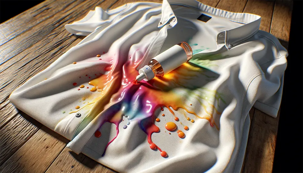 a spilled bottle of vape juice on a white cotton shirt with colorful stains