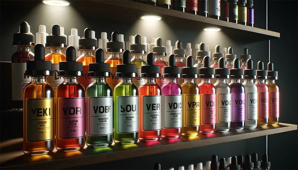 a variety of vape juice bottles labeled with different flavors and colors