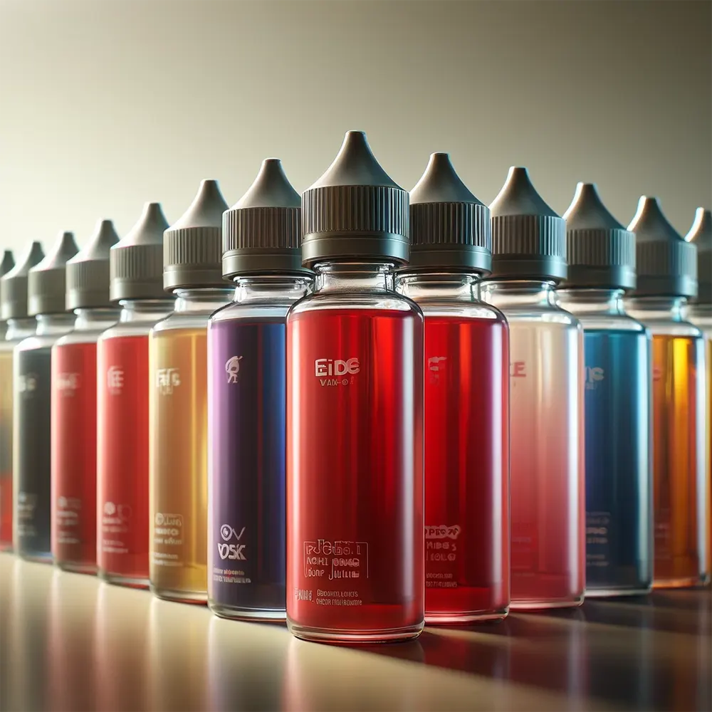 various flavored vape juice bottles neatly arranged in a row