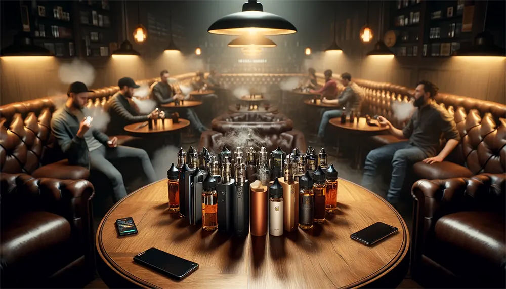a sophisticated vaping lounge where vapers are using different vaping devices