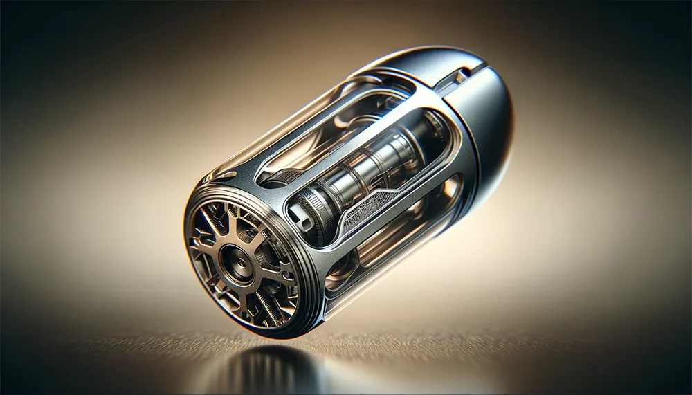 close-up of a single high-tech vape pod displaying its intricate mechanical design