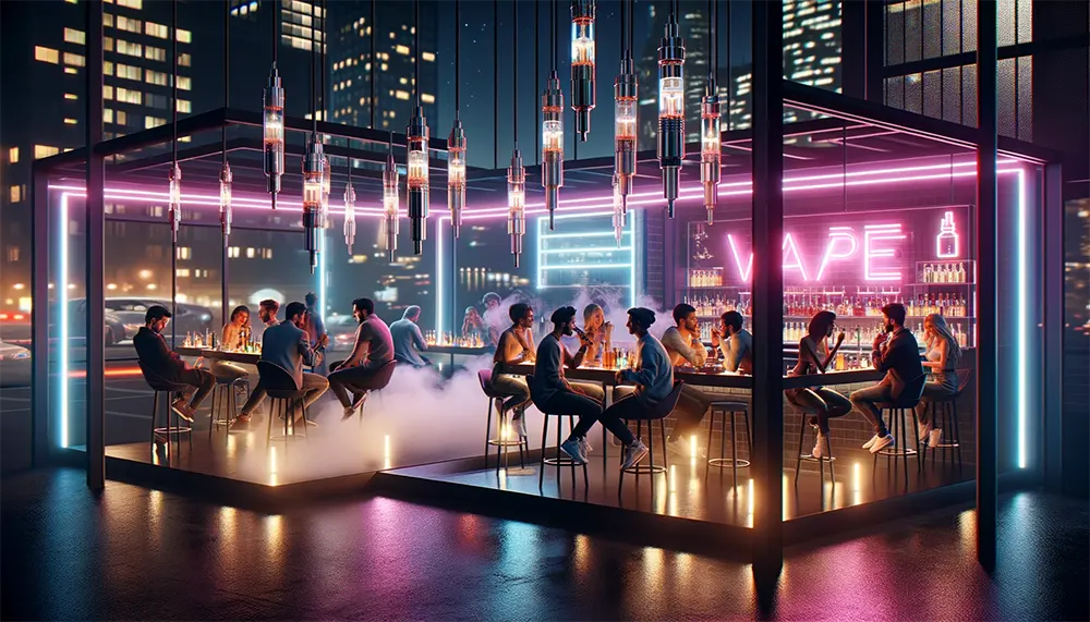 an urban vape lounge with neon lights illuminating a group of adults vaping