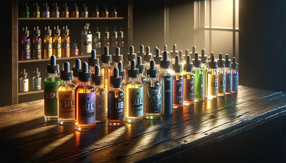a variety of vape juice bottles on a wooden shelf, illuminated by soft lighting