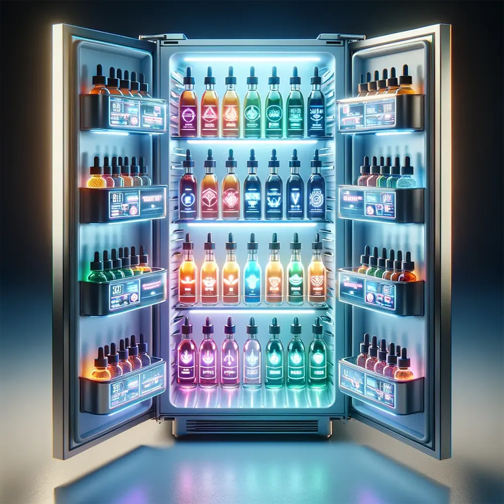 a modern fridge interior filled with various bottles of vape juice