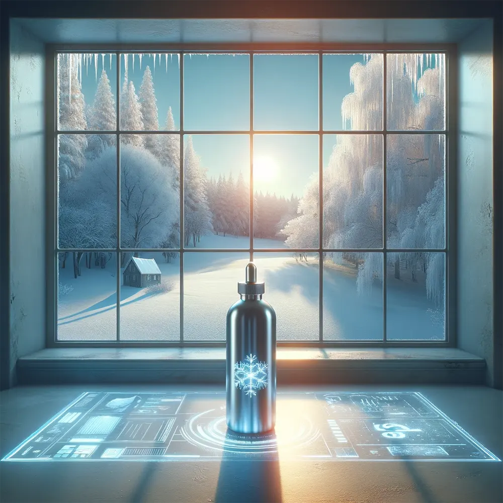 a bottle of vape juice on the windowsill with a serene winter scene