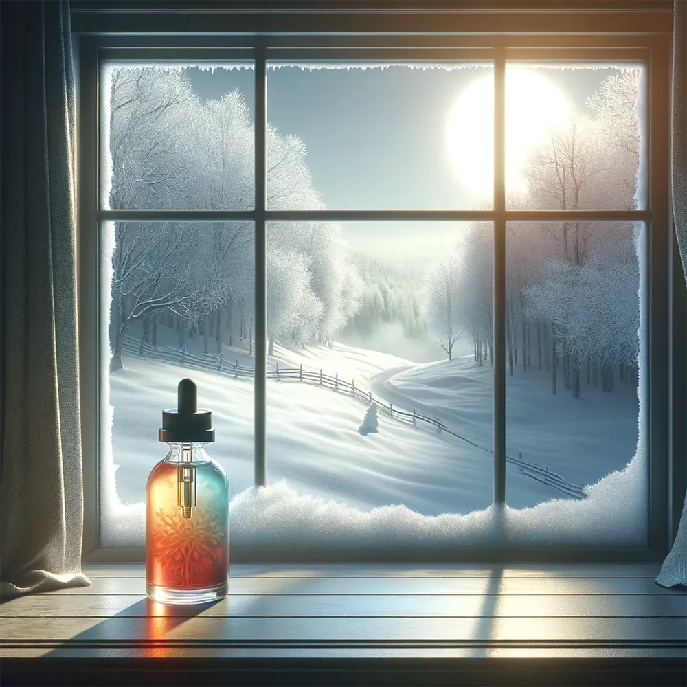 a bottle of vape juice on the winter scene