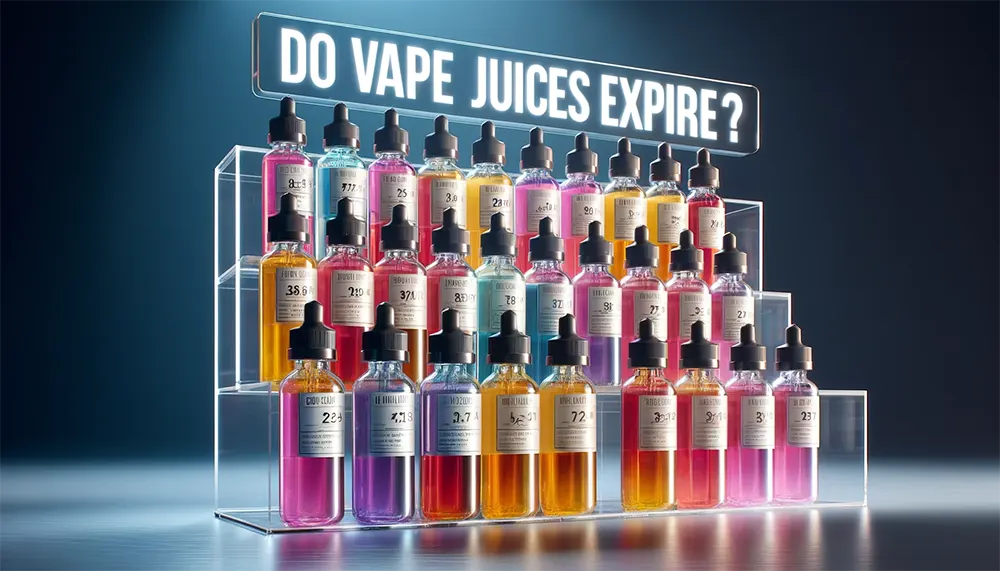 colorful vape juice bottles displayed on transparent acrylic shelves