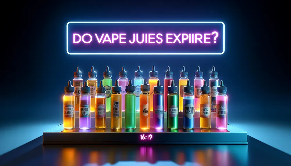 a variety of vape juice bottles on a futuristic shelf display with expiration dates