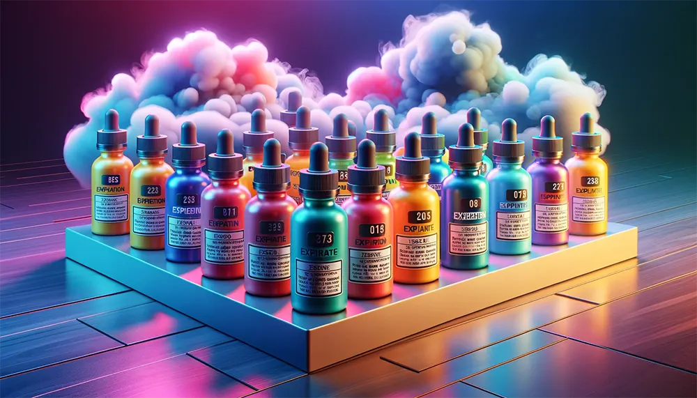 colorful vape juice bottles clearly shows an expiration date