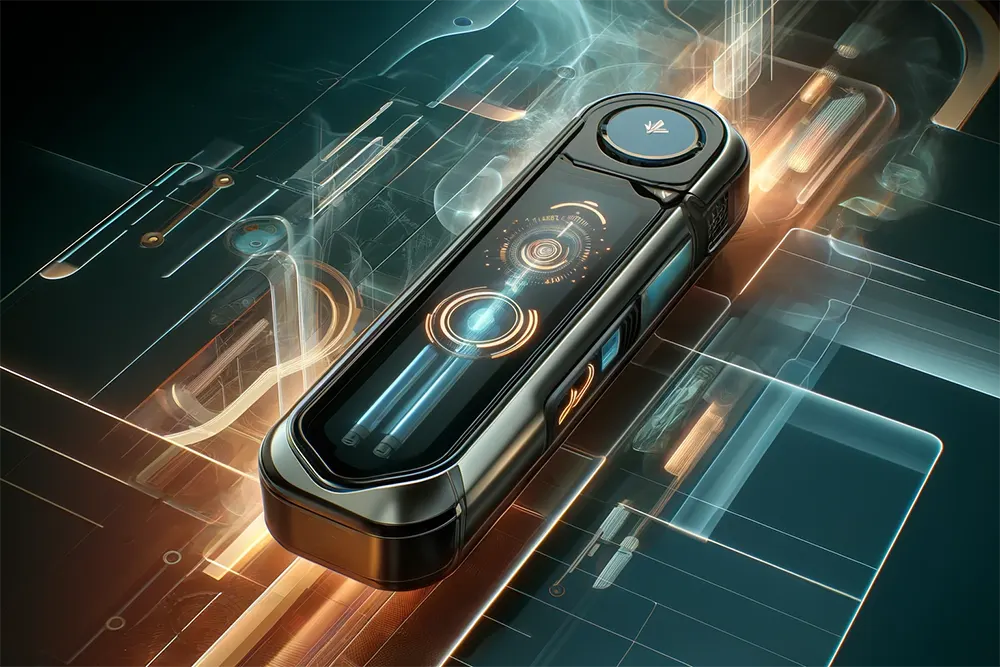 a futuristic vape pod featuring glowing buttons and touch-responsive areas