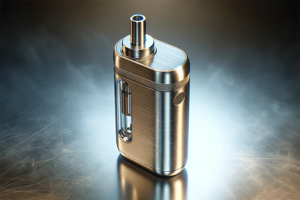a modern vape pod with a high-resolution texture like brushed metal and glass