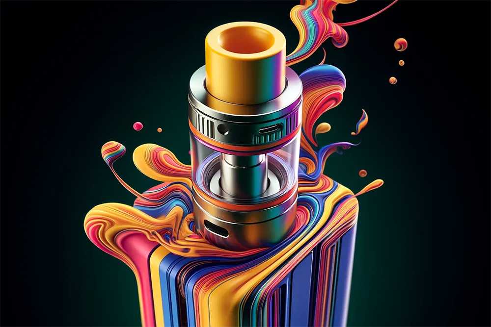 a top filling vape tank with bold lines and vibrant colors