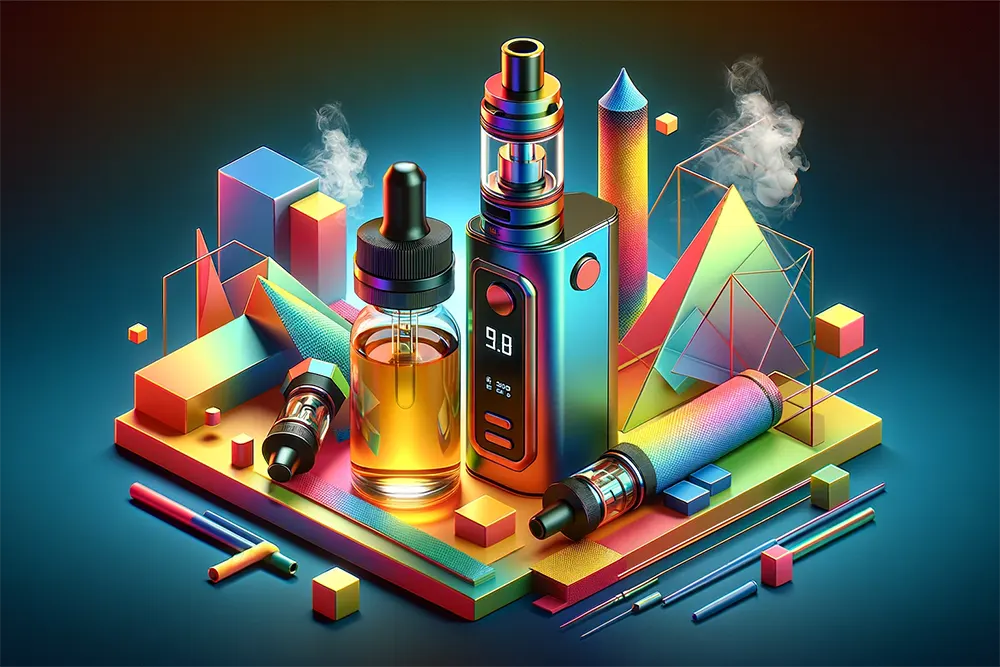 refillable vape tank and vape juice featuring geometric shapes and vibrant colors