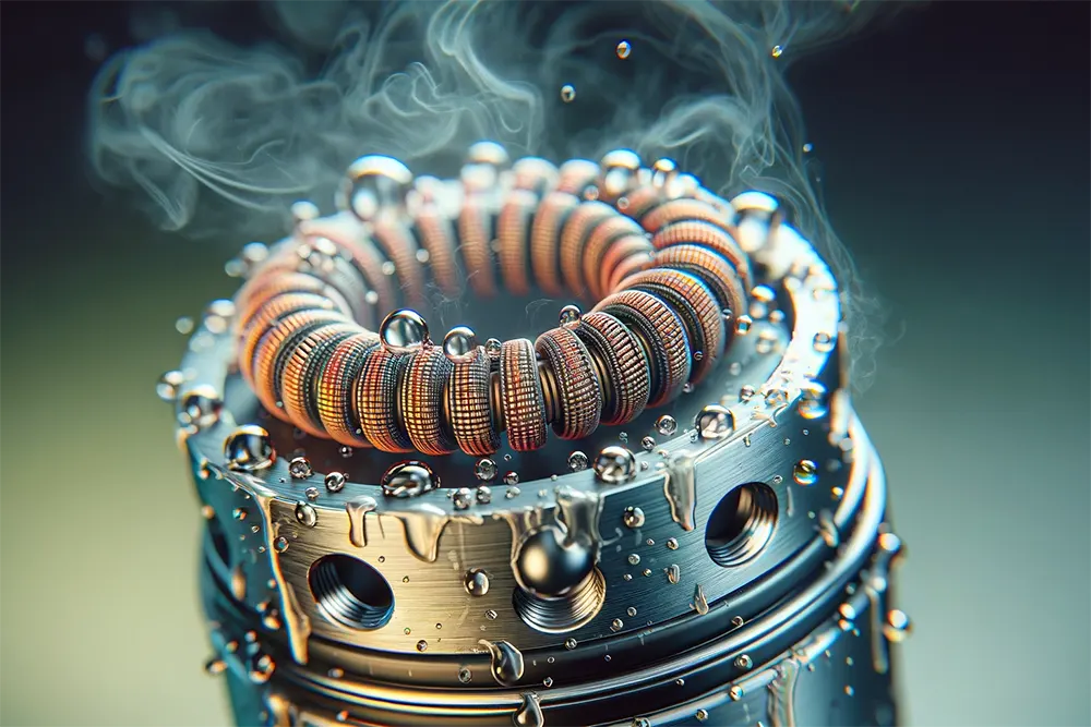 a vape coil with droplets of vape juice on it, showcasing the priming process