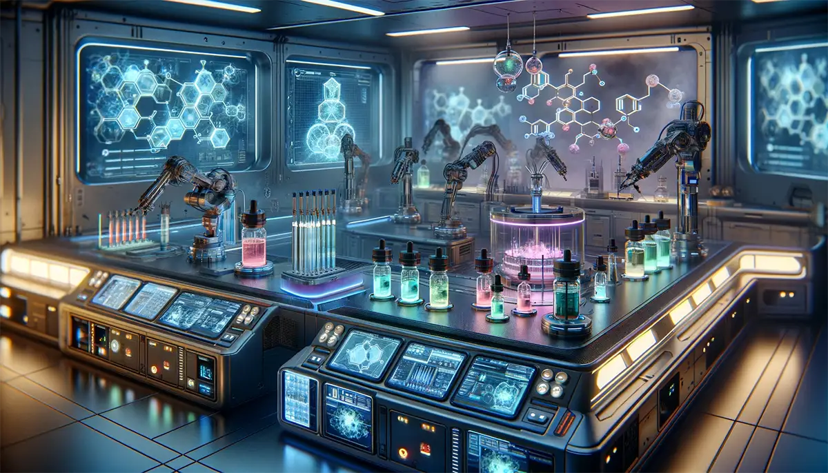 a futuristic laboratory dedicated to vape juice innovation