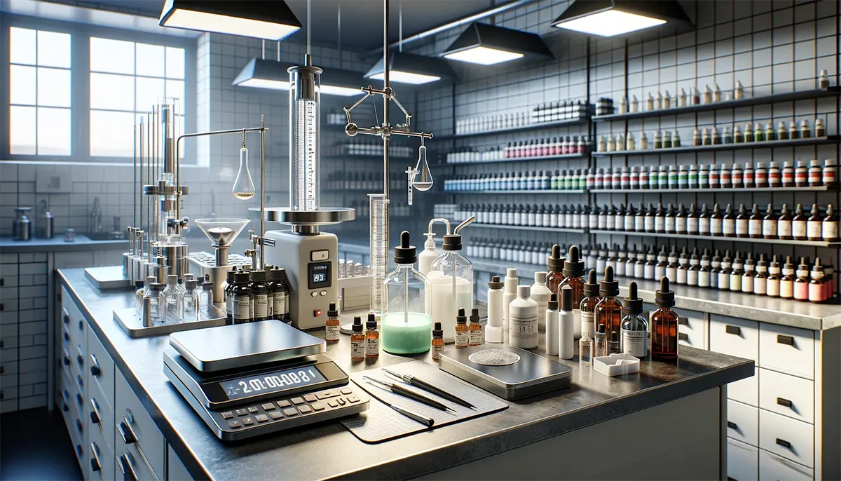 a professional vape juice mixing laboratory with various base liquids bottles