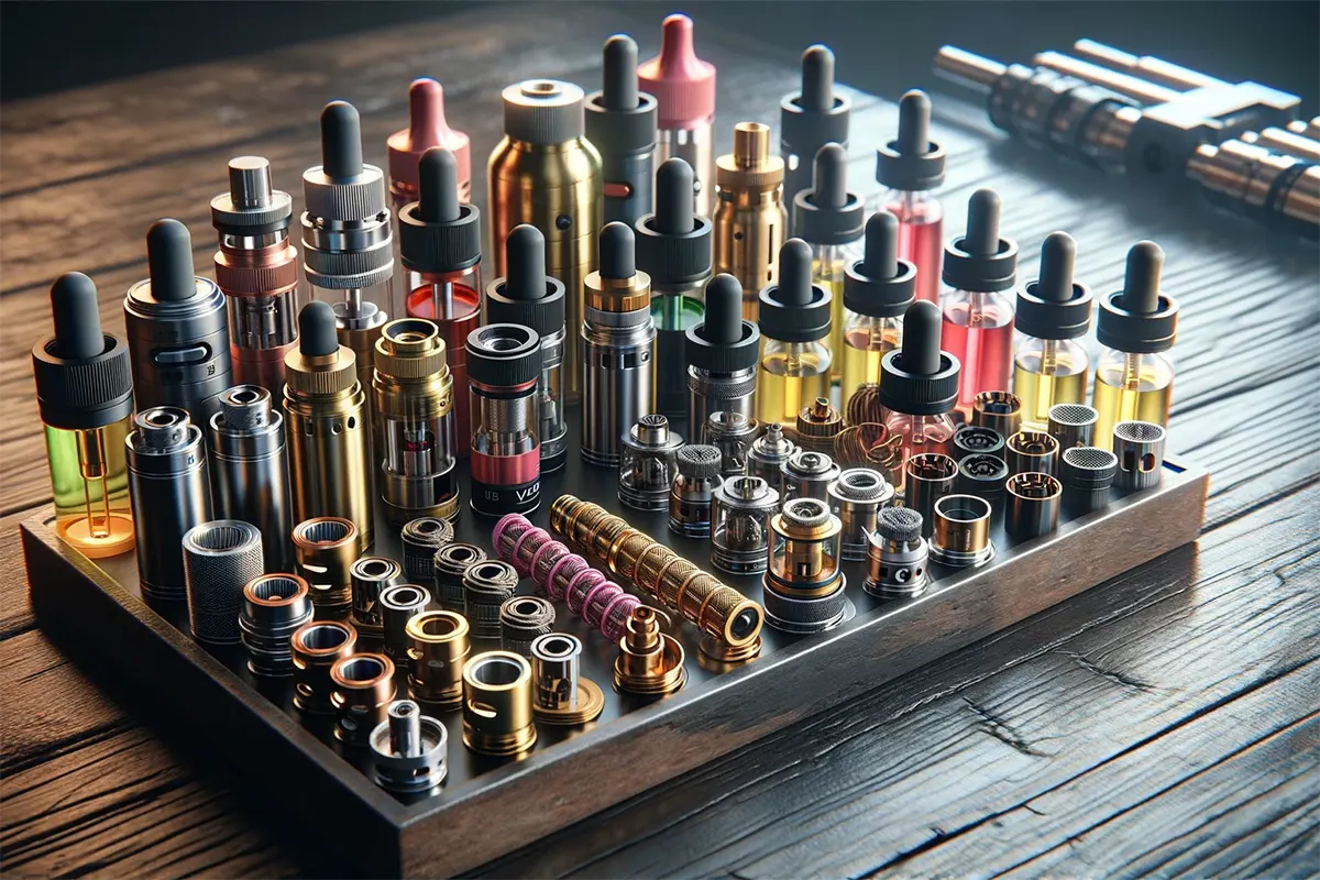 a variety of vape coils and diverse e-liquid flavors available on a table