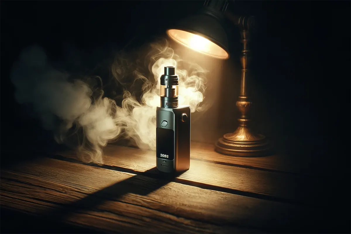 a sub ohm vape device emitting dense vapor, set on a vintage wooden table