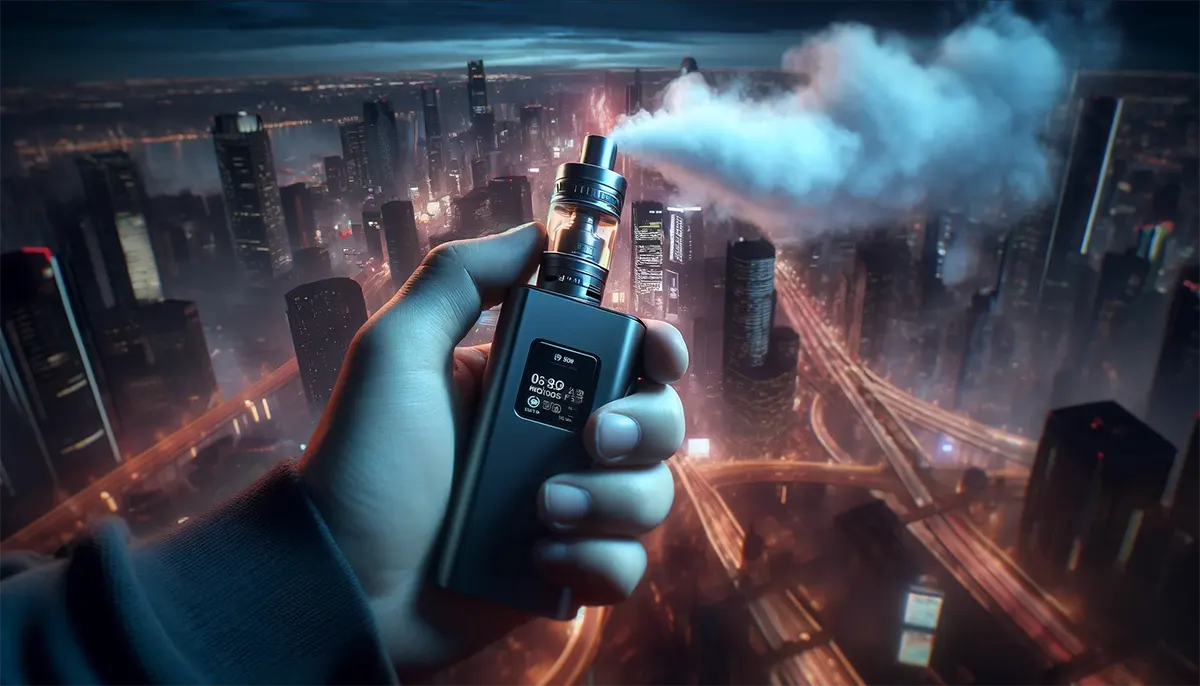 an adult vaper is holding a sub ohm vaping device, with visible vapor emanating from the device