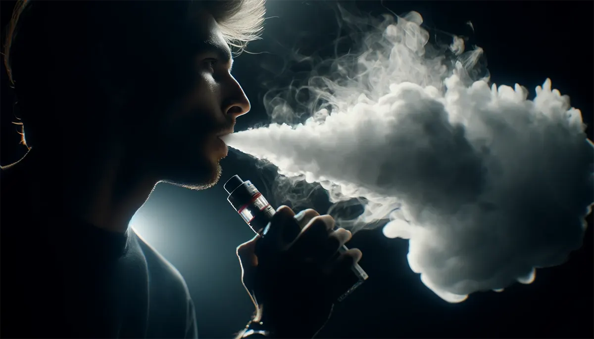 an adult vaper exhaling a thick cloud of vapor from a sub ohm vape device