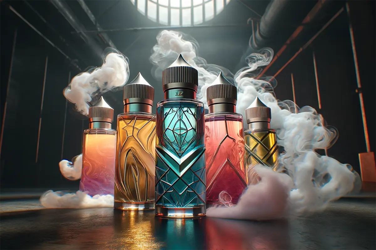 diverse bottles of vape juices surrounded by swirling vapor smoke