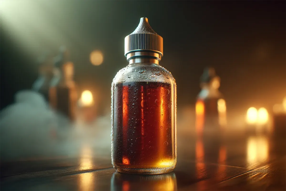 a glass bottle of steeped vape juice