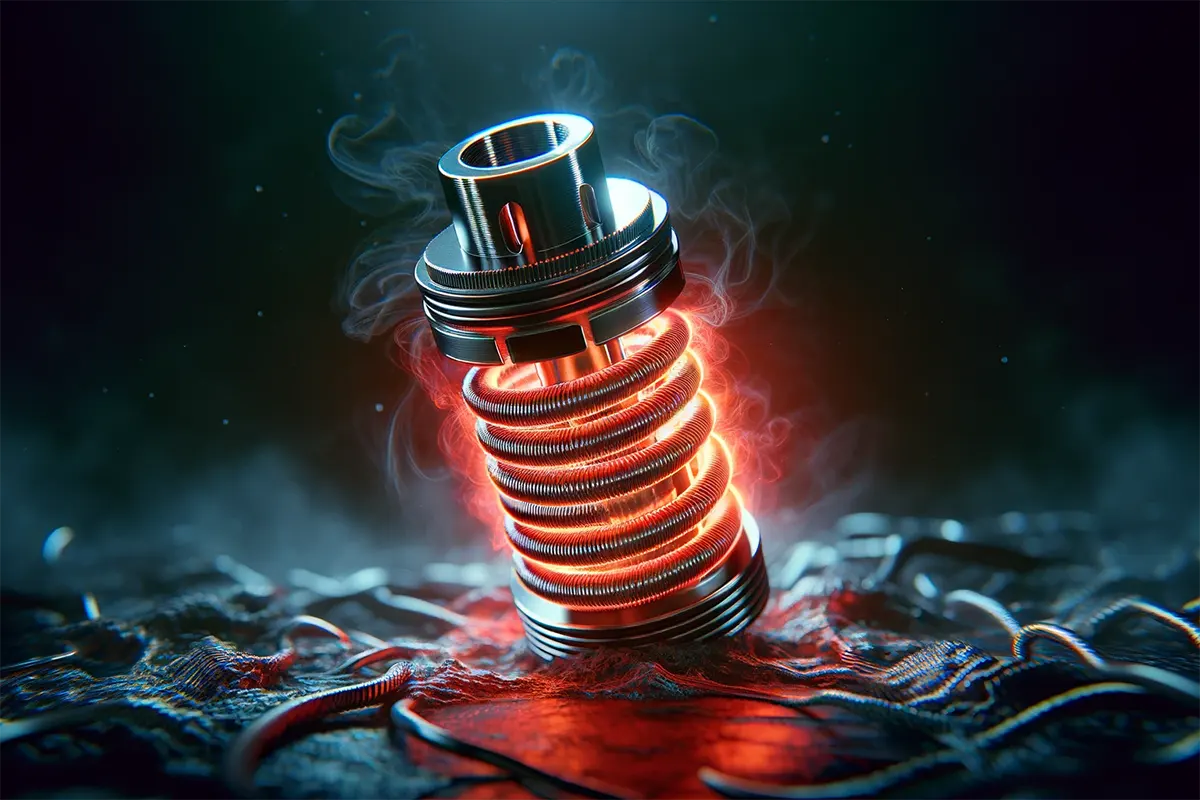 a vape coil glowing red with heat, affected by the wattage