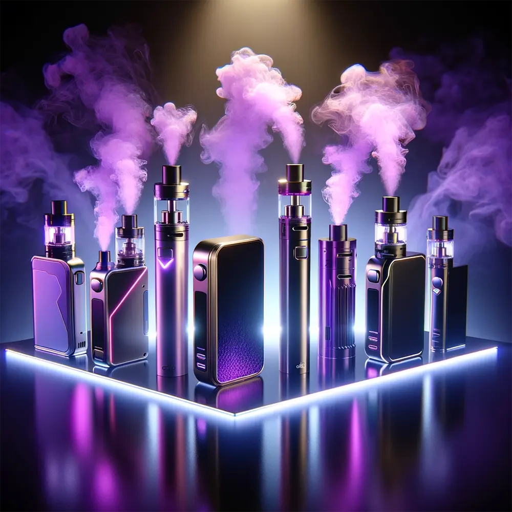 modern vape devices with beautiful lighted vapor smoke in purple