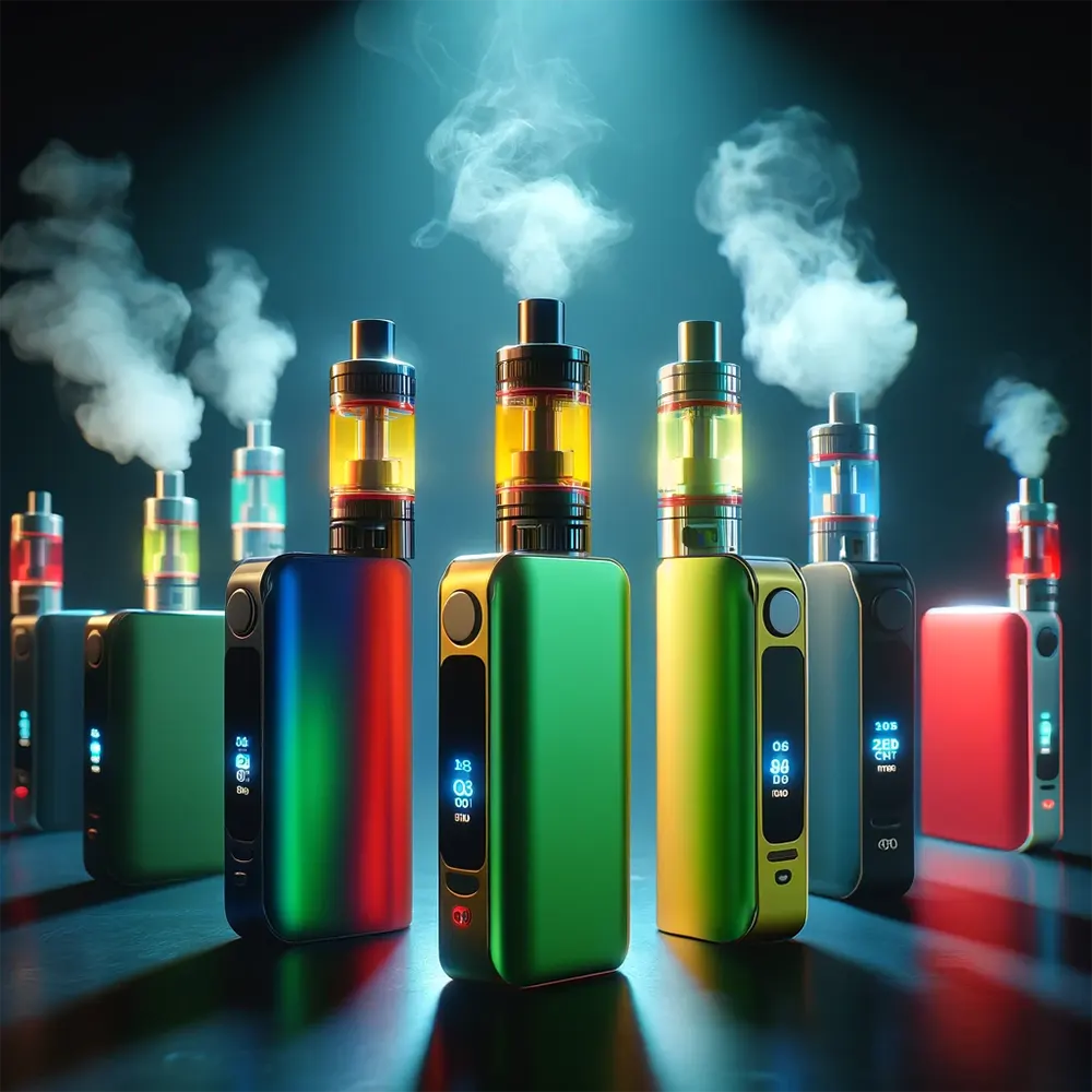 modern disposable vape devices with vapor smoke in vibrant colors