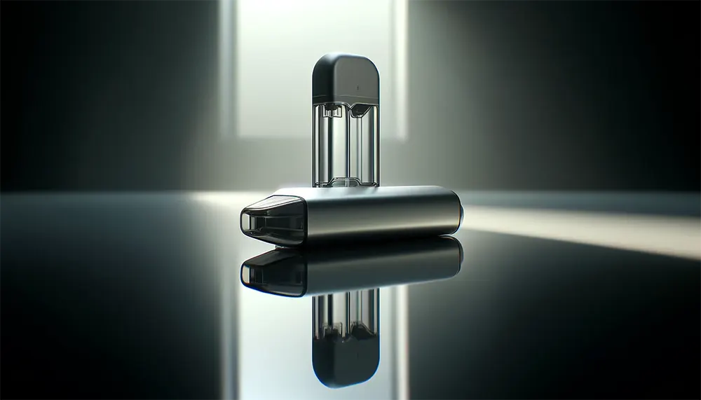 a clean, empty vape pod lying on a reflective glass surface