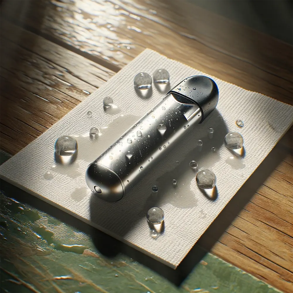 a vape pod drying on a paper towel with visible water droplets around the pod