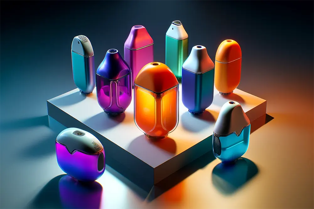 a series of advanced vape pods with futuristic shapes and rendered in bright colors