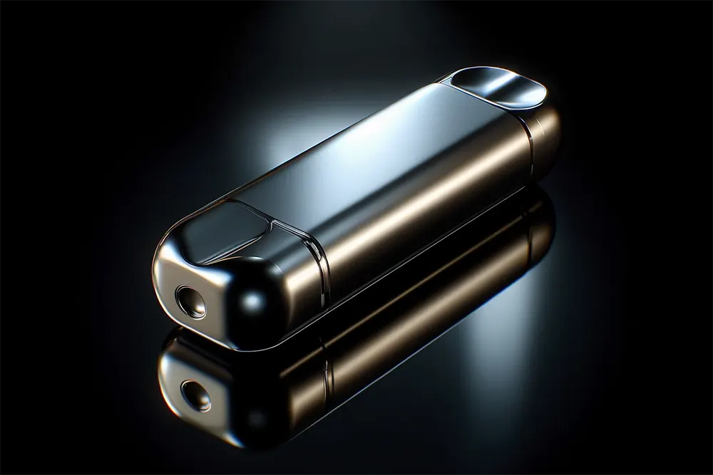 a modern, sleek vape pod lying on a reflective black surface