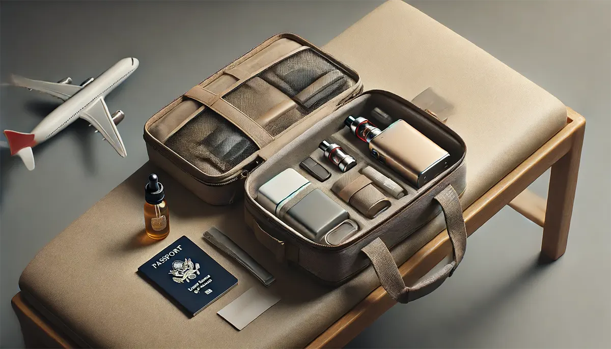 a traveler's carry-on bag open on a bench including a disposable vape