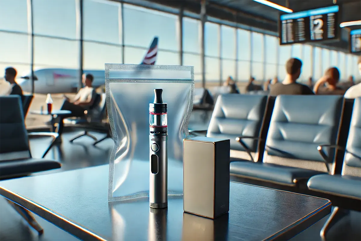 a disposable vape displayed next to a clear bag on an airport lounge table