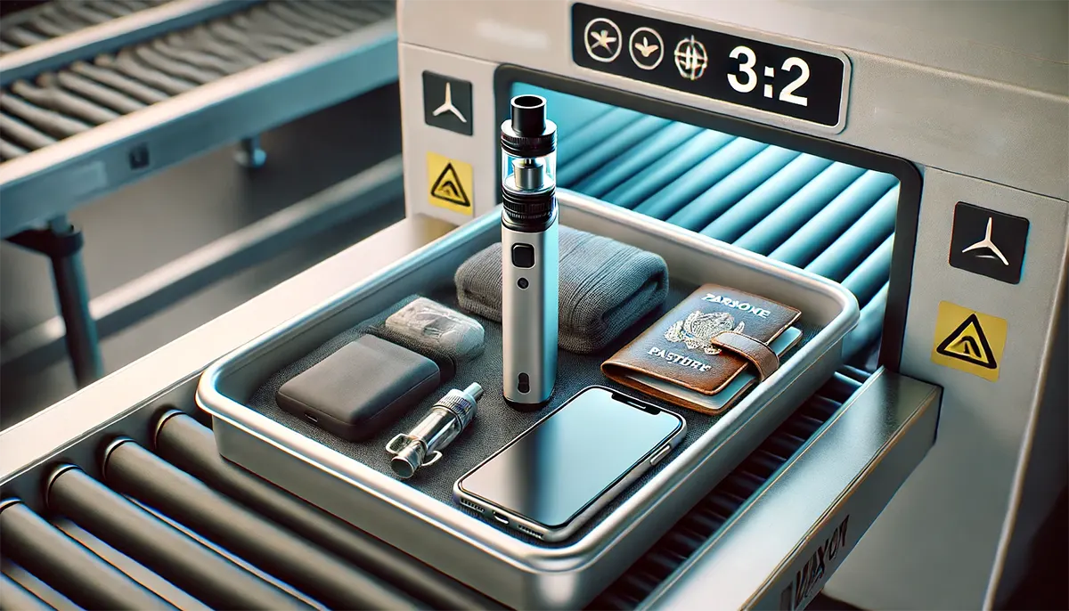 a disposable vape inside an X-ray tray at an airport security checkpoint