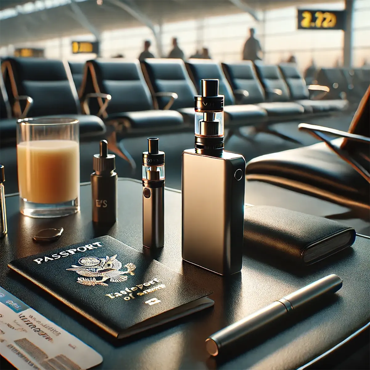 a disposable vape next to travel essentials like a passport and boarding pass