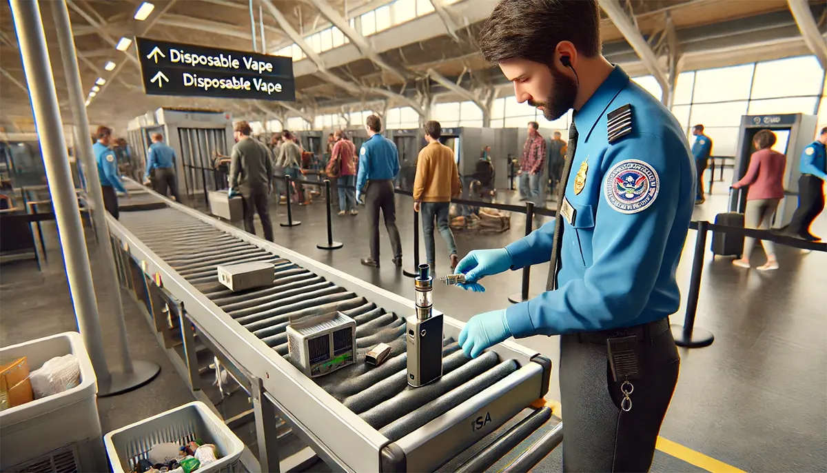 a TSA security officer inspecting a disposable vape at an airport checkpoint