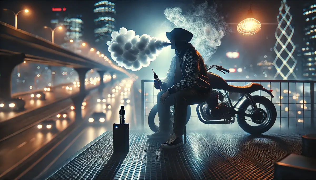 an adult vaper exhaling a large, dense cloud of vapor while seated on a motorcycle