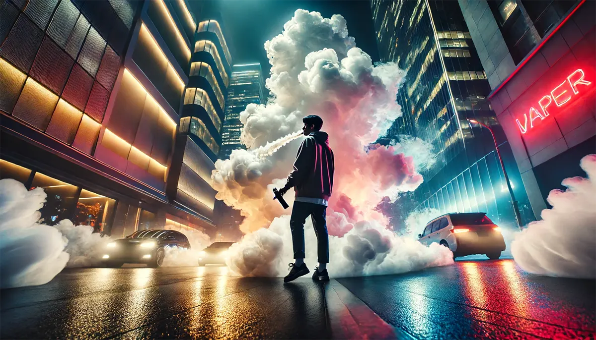 an adult vaper surrounded by swirling, huge clouds of vapor