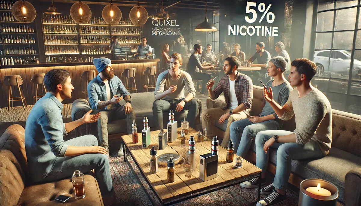 adult vapers discussing 5% nicotine while sharing different vaping devices