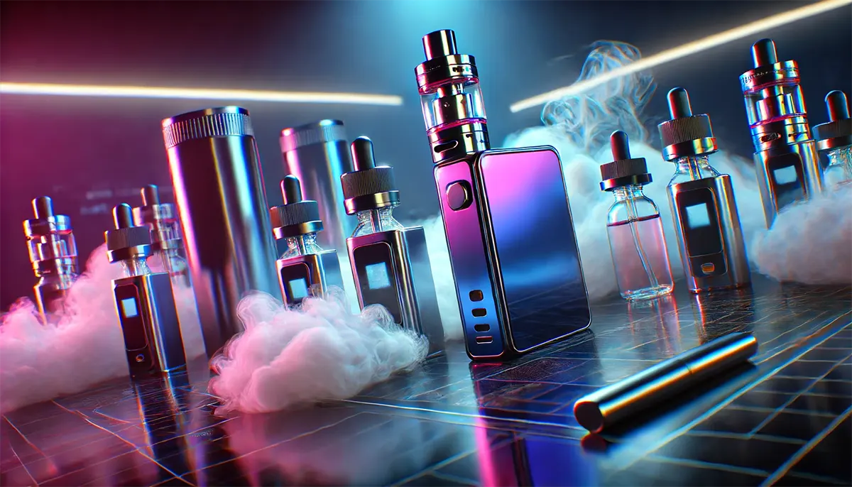 vape devices on a desk along with big vapor puffs